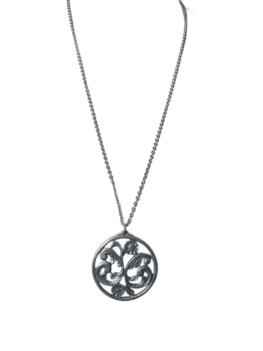 Vintage Havstad Tinn Norwegian Pewter Floral Scroll Pendant Necklace - Silver